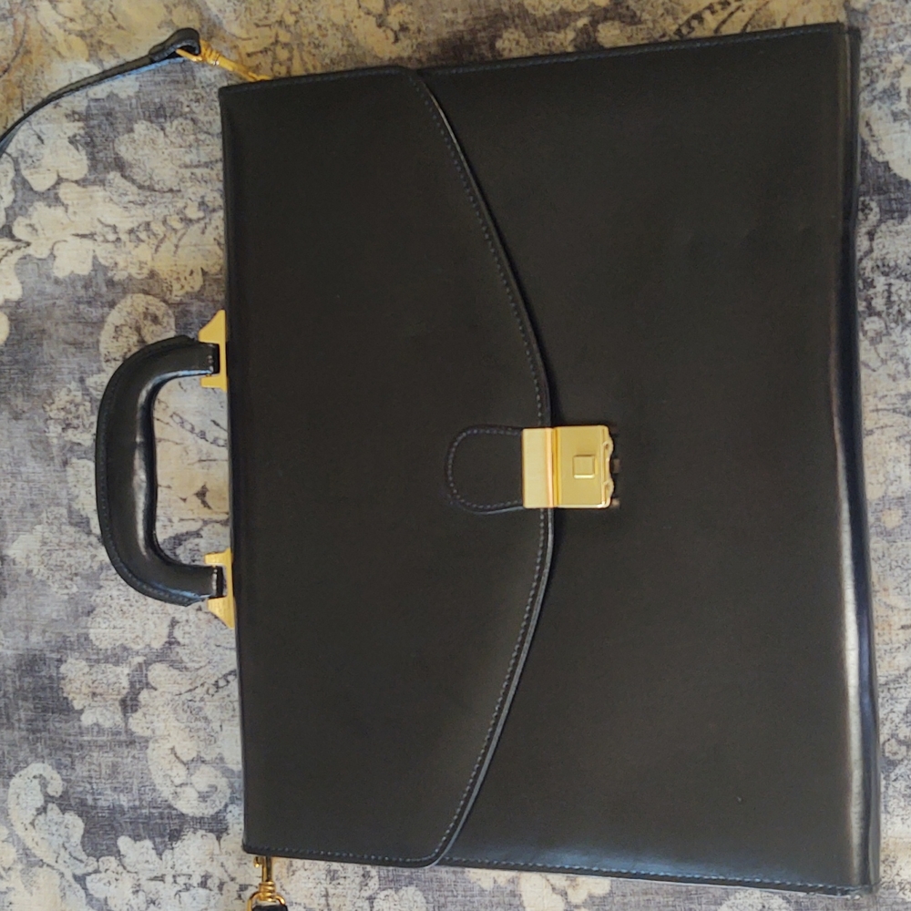 Amiel Black Leather Briefcase w/ Locking Foldover Flap and Shoulder Strap - New